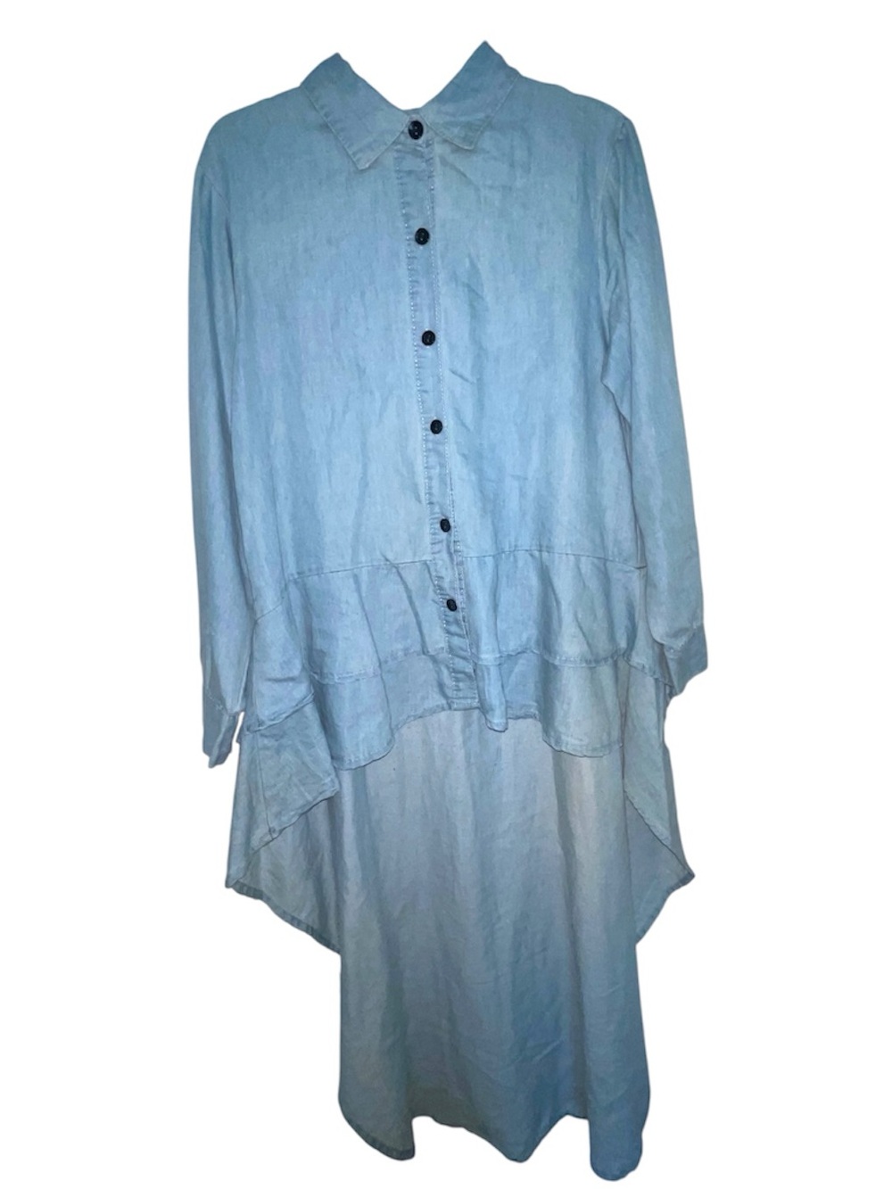 Thrill Light Blue Ruffled Chambray Button-Up Blouse - Picture 9 of 10